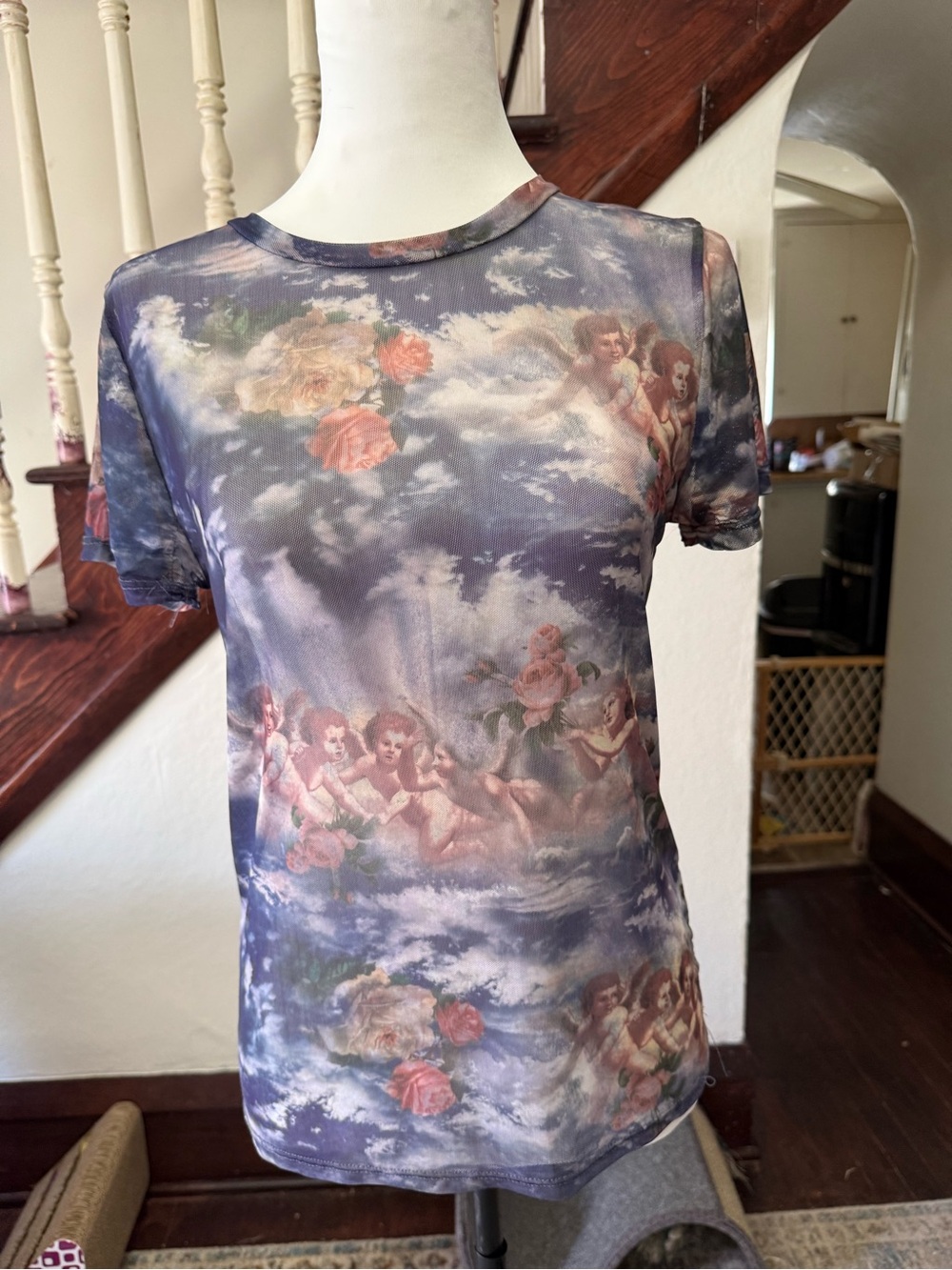 Y2K Cherub angle mesh short sleeve top